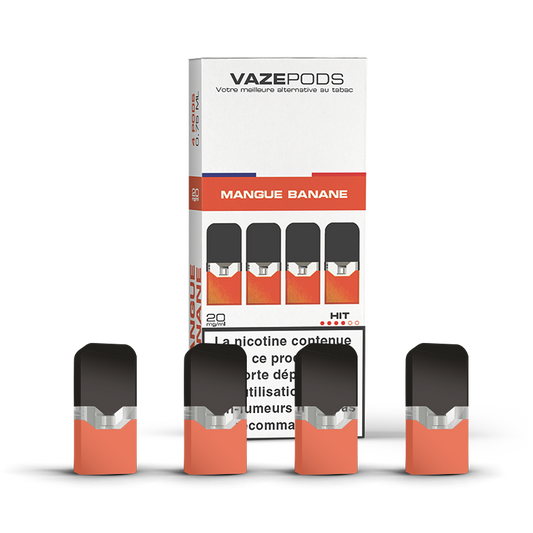 Vaze Pods Mangue Banane : boîte de 4 cartouches pré-remplies en 20 mg/mL