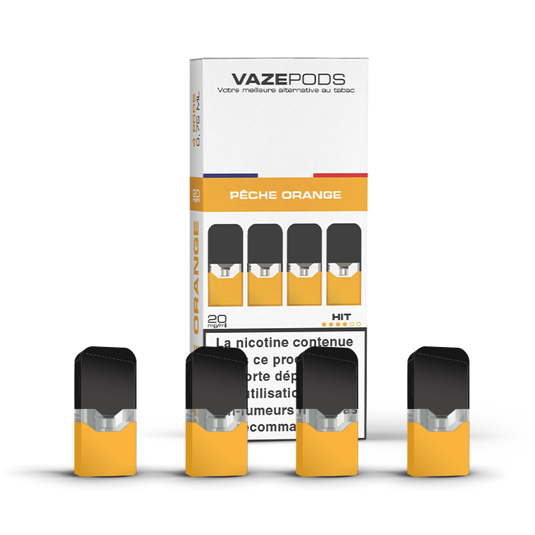 Vaze Pods Pêche Orange : la boîte et ses 4 cartouches pré-remplies