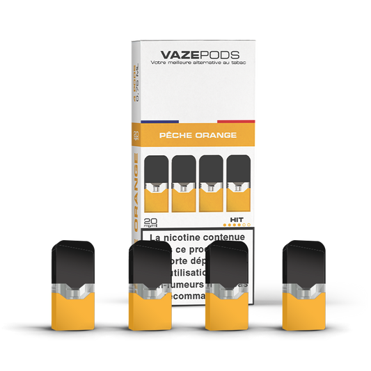 Vaze Pods Pêche Orange : la boîte et ses 4 cartouches pré-remplies